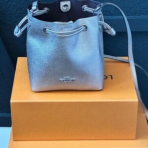 Coach Metallic Silver Leather Drawstring Bucket Bag Crossbody | Style C2079